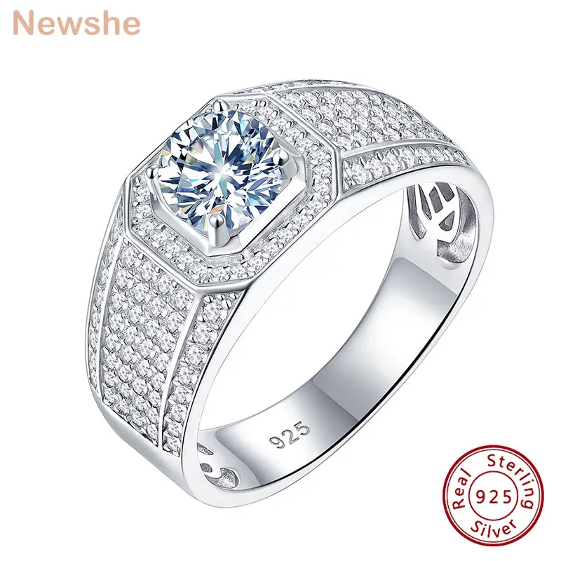 Newshe 925 Sterling Silver Original Wedding Rings for Men 7x7mm Round Moissanite Ring Luxury Jewelry Pass Diamond Test