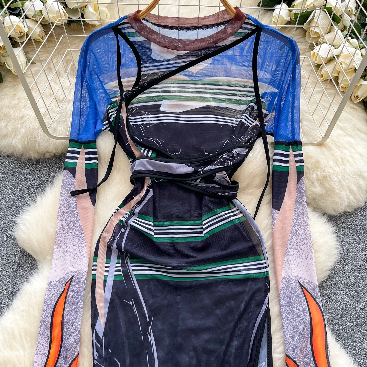 SINGREINY Multicolor Print Mesh Dress Sheer Long Sleeve Lace Up Slim Night Party Short Dresses Women Clubwear Bodycon Mini Dress