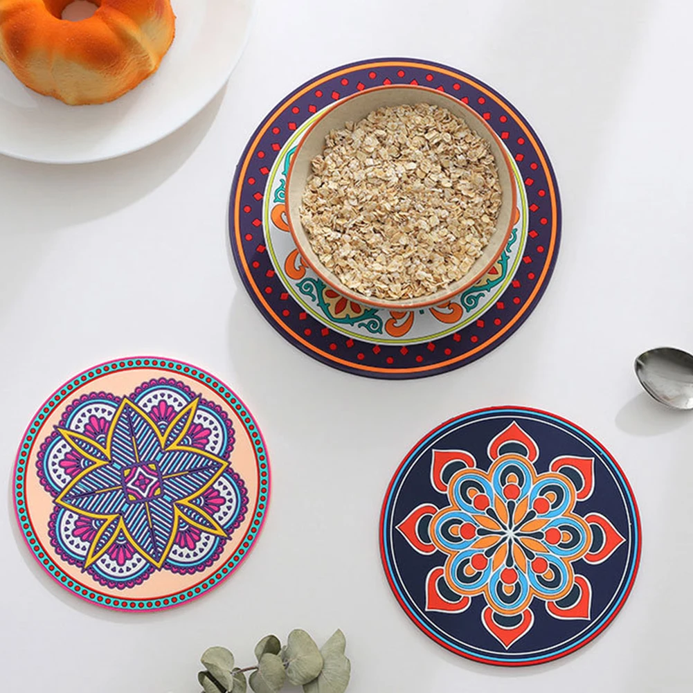 1pc Round Mandala Coaster Heat-resistant Mug Pot Glass Pad Coffee Placemats Anti-Slip Table Mats Handicraft Kitchen Accessories