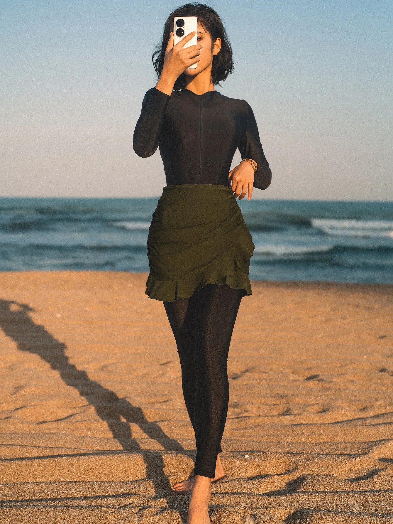 Maillot de Bain Burkini Musulman Modeste avec Fermeture Éclair Frontale, Manches sulf, Pantalon Long et Jupe Courte, Ensemble Bikini Islamique