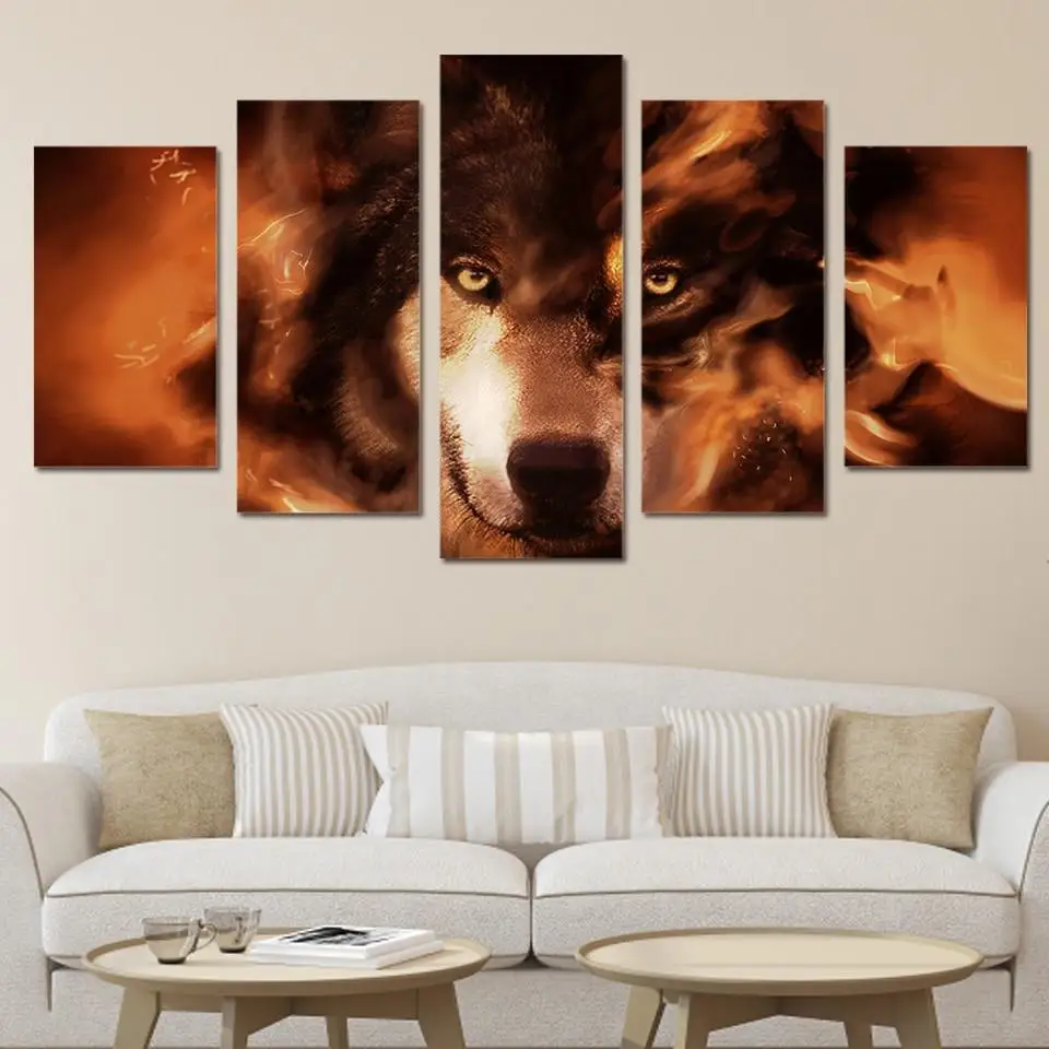 Ultra clear canvas poster home decoration living room, a burning wolf canvas wall art poster, 5 sets of decorative paintings