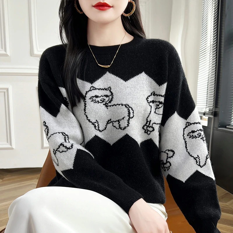 Suéter de cuello redondo para mujer, jersey de lana merina, camisa básica con patrones de animales, prendas de punto de Cachemira, Tops de otoño e invierno, 100%