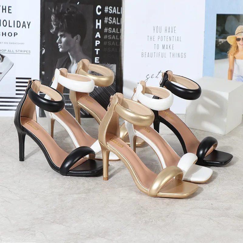 Lady Summer 9.5cm Pencil High Heels Square Toe Zippers Designer Sandals Elegant Luxury Vintage Gold Patent Oversized Party Shoes