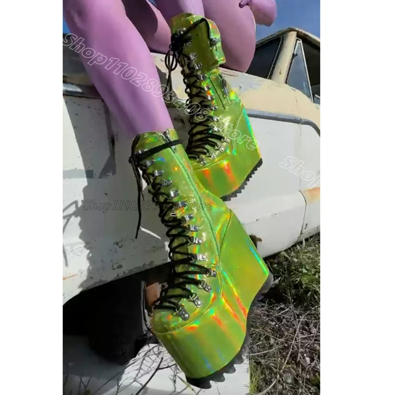 

Green Platform Lace up Boots Round Toe Patent Leather Side Zipper Fashion Punk Style Spring Women Boots 2024 Zapatos Para Mujere