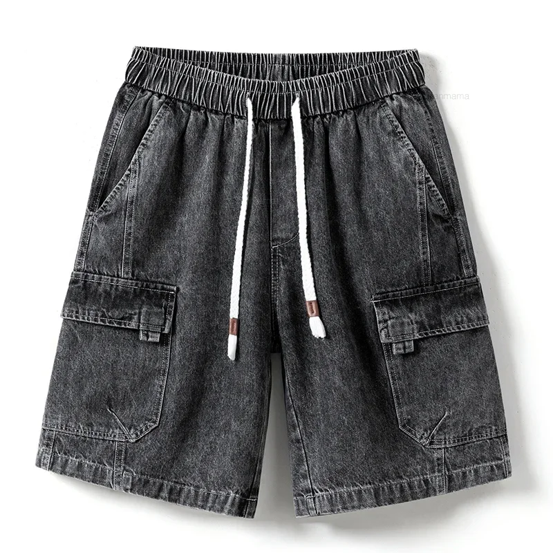 Summer New Fashion Korean  Men\'s Oversized Denim Shorts Elastic Waist Baggy Casual Knee-length Cargo Pants  Streetwear Blue Grey