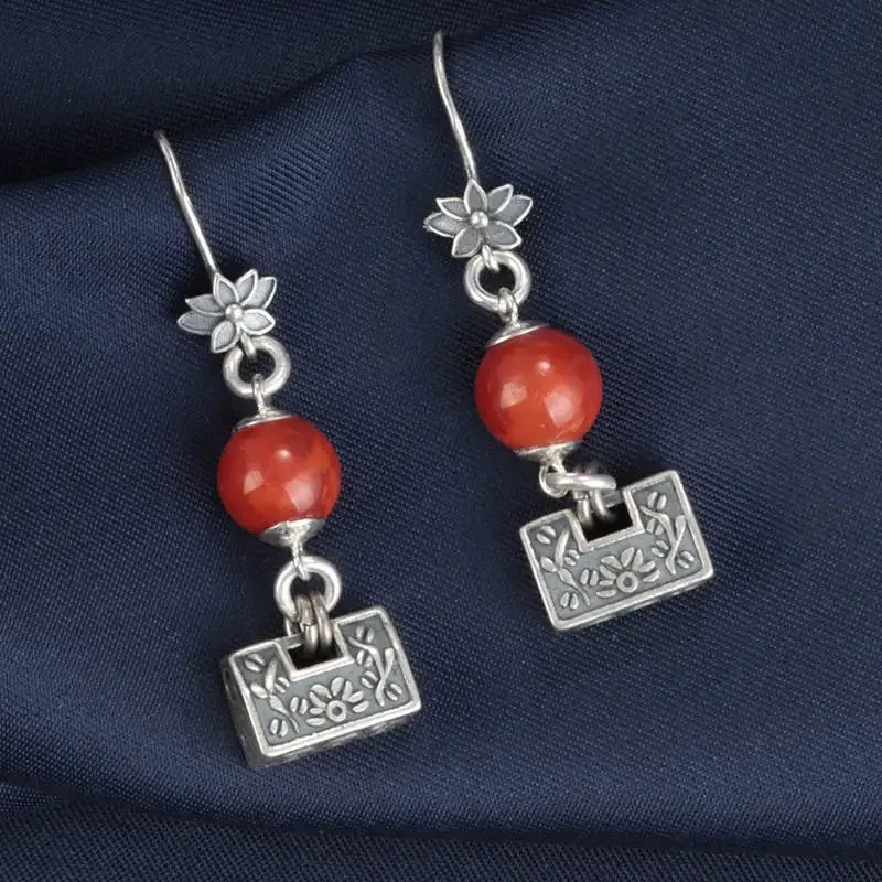 

S925 Sterling Silver South Red Agate Ruyi Lock earrings Women Retro Ethnic Style Lotus Hanging Jewelry Wholesale EH235