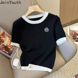 Knitted Woman Tshirts Ropa Mujer Short Sleeve O-neck Summer Tees Loose Fashion Korean T Shirt Crop Tops 2024 Shirts for Women