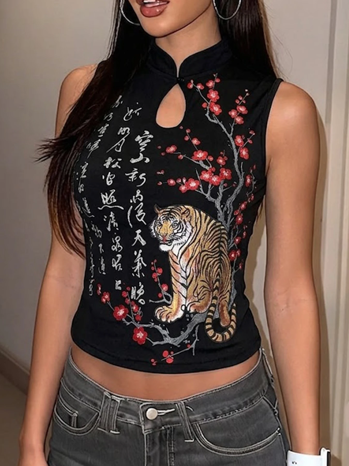New Chinese Modified Qipao Sleeveless Tank Top Oriental Plum Tiger Calligraphy Print Keyhole Satin Crop Top