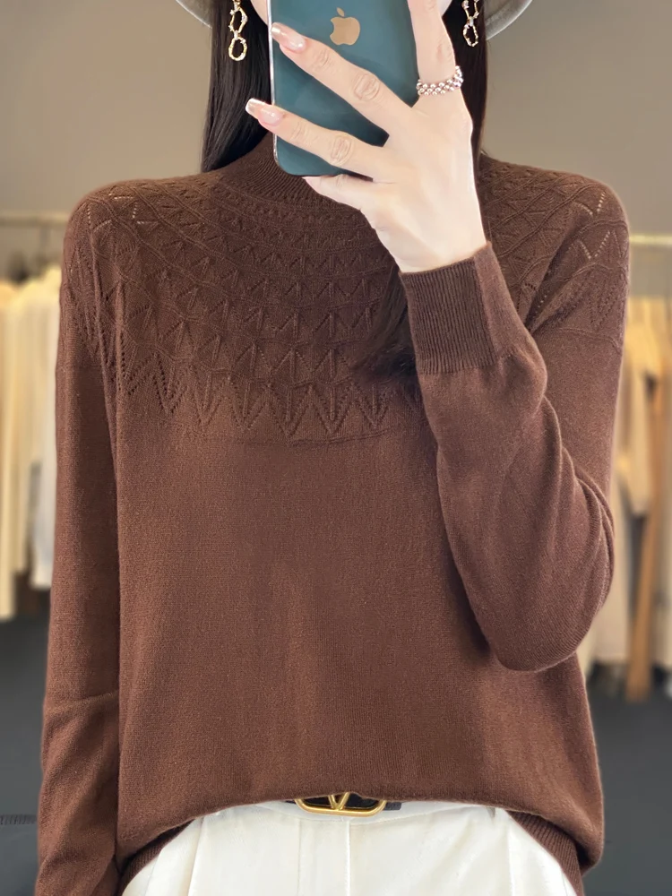 Spring and Autumn New Fine Imitation Woolen Sweater Women\'s O-neck Knitted Pullover Hollow Fashion Slim Fit Versatile Top