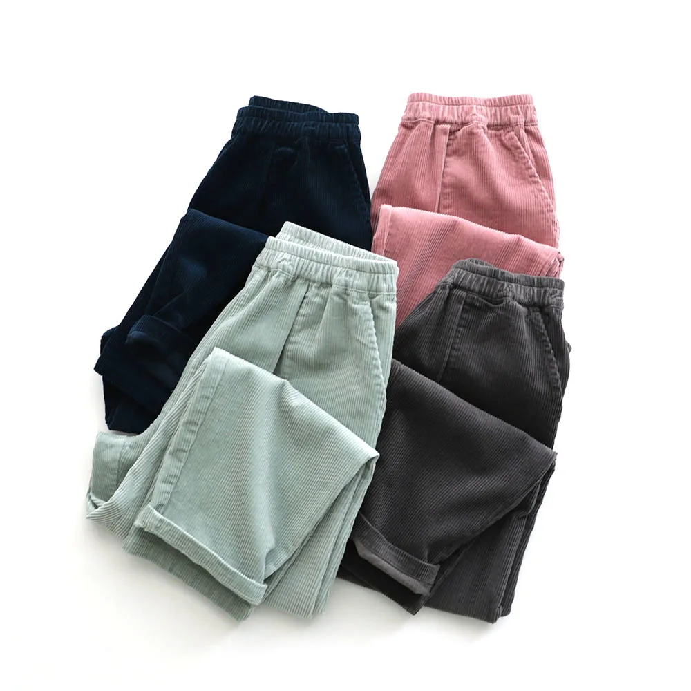 Spring Autumn Women Loose All-match Casual Comfortable Natural Cotton Corduroy Trousers Elastic Waist Harem Pants