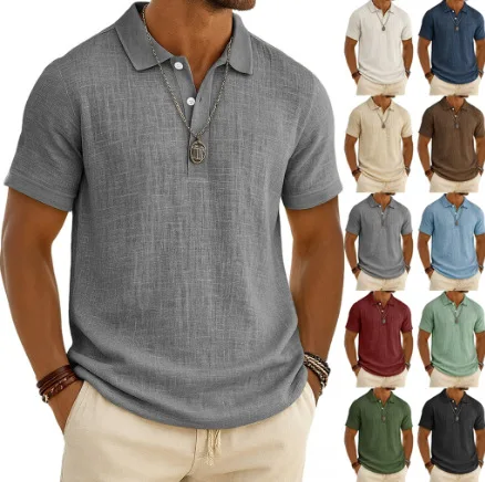 2026 New Men's Casual Solid Color Summer Bamboo Cotton Linen Short Sleeve POLO Shirt British Style Straight Cut Button up