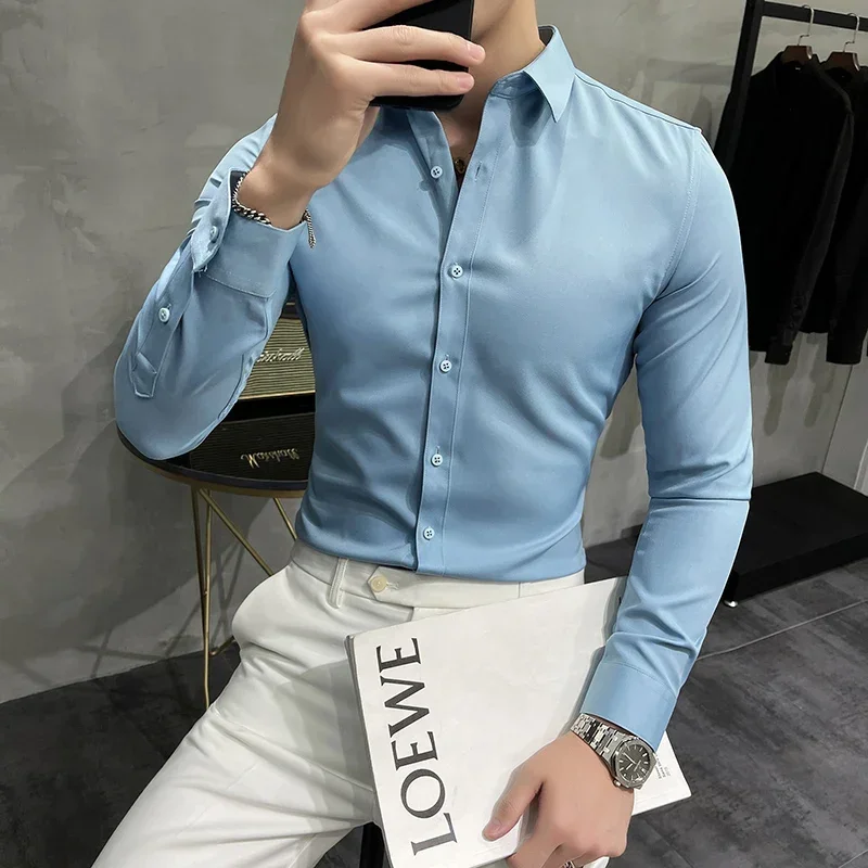 

Plus Size 7XL-M High Quality Men Dress Shirt 2024 Spring Long Sleeve Solid Business Slim Shirts Homme Dress Social Casual Shirt