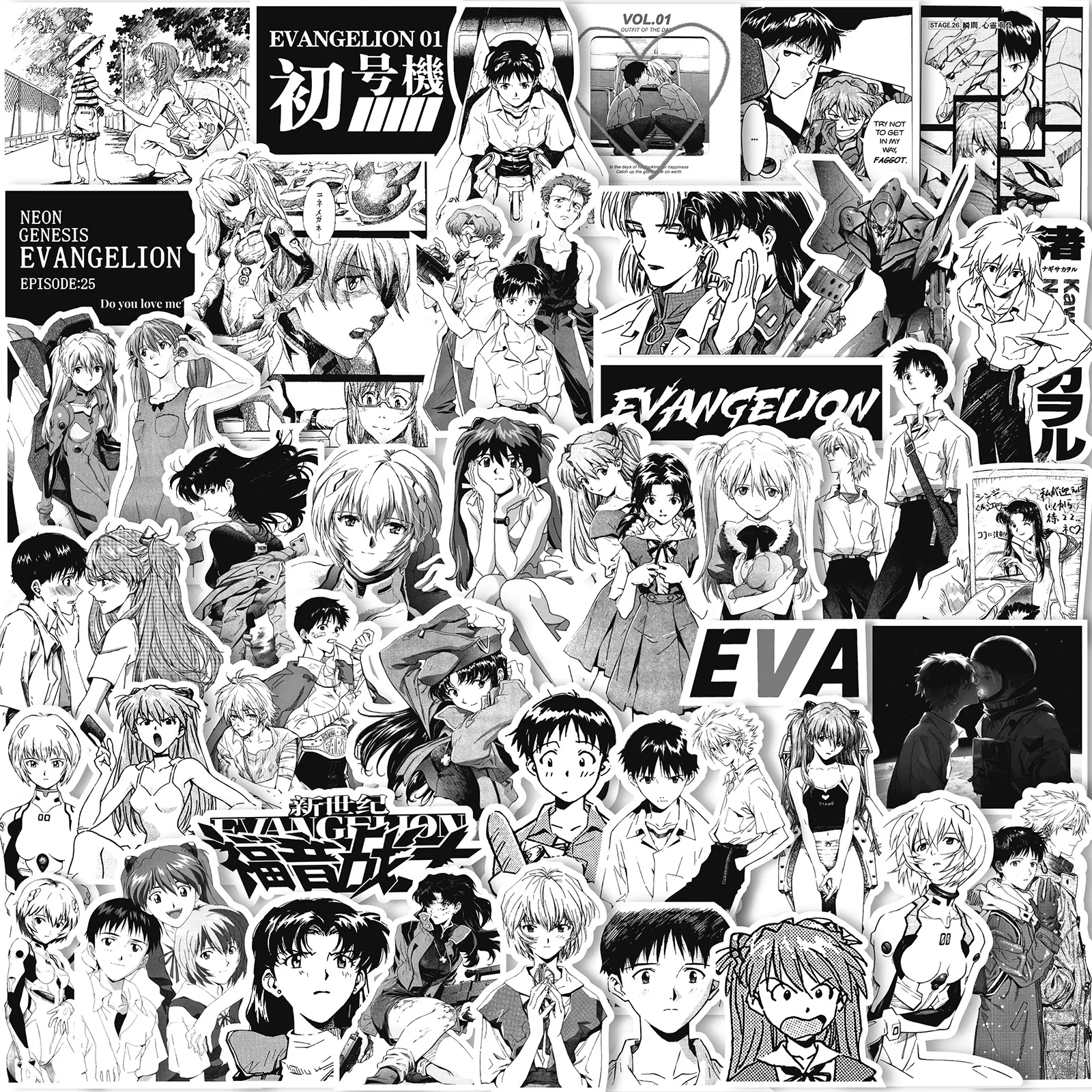70/75 Stück Schwarz-Weiß-Skizzen-Aufkleber von Neon Genesis Evangelion, klassische Anime-Aufkleber für Notizbücher, Skateboards, Fahrräder