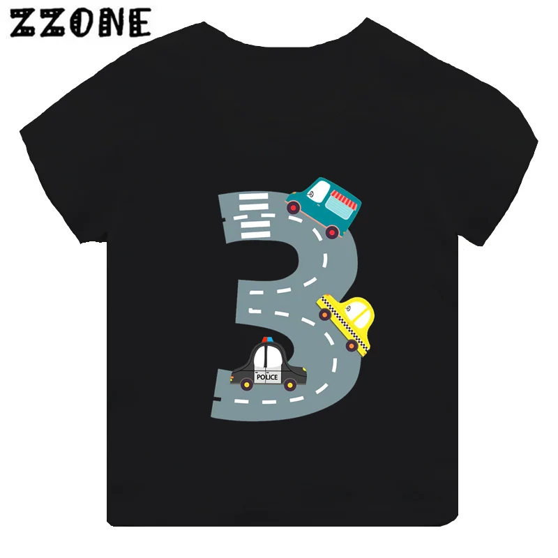 Hot Sale Different Car Print Funny Boys Clothes 1 2 3 4 5 6 7 8 9 Years Birthday Number Cartoon Kids T shirt Baby Girls T-Shirts