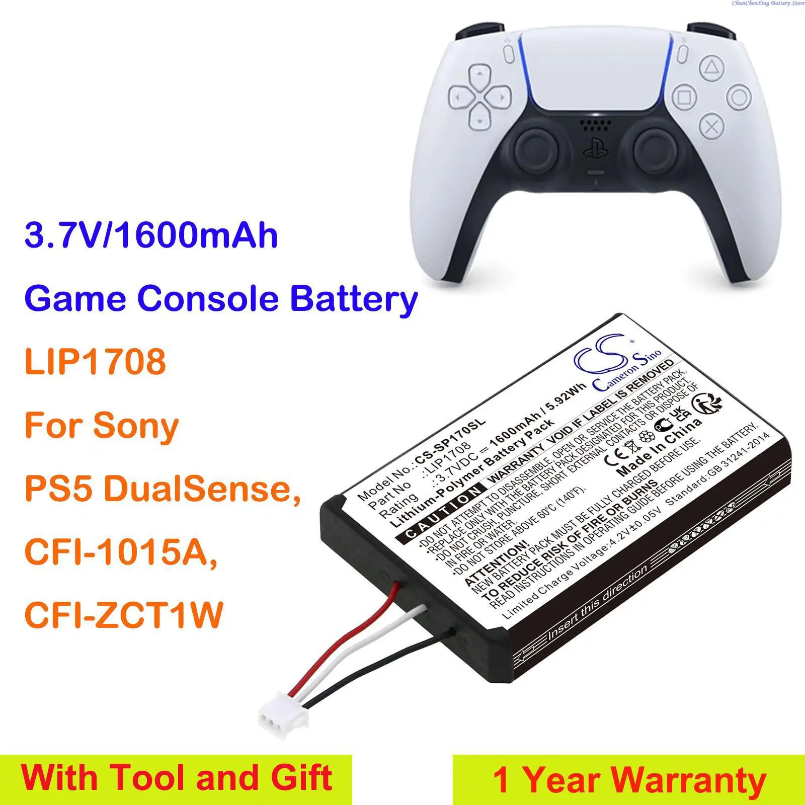 Cameron Sino 1600mAh Game Console Battery LIP1708 for Sony PS5 DualSense, CFI-1015A, CFI-ZCT1W