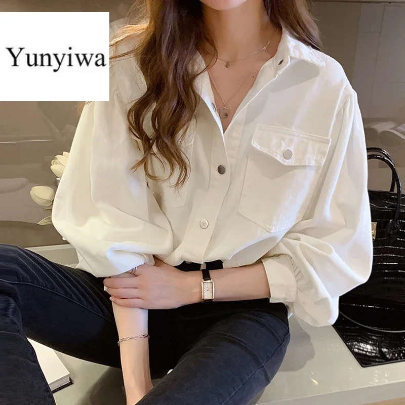 Spring New Women Vintage Pockets Denim Shirt Jacket Autumn Lady Full Sleeve Outwear Loose Casual Wear Stylish Girl Tops T0N321T