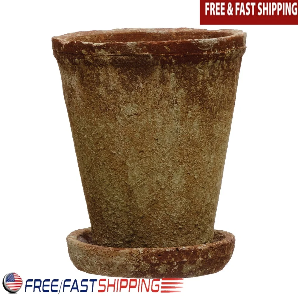 Juego de 2 maceteros de cemento con platillo, acabado terracota desgastado, ideal para sala de estar, cocina, sol, jardín