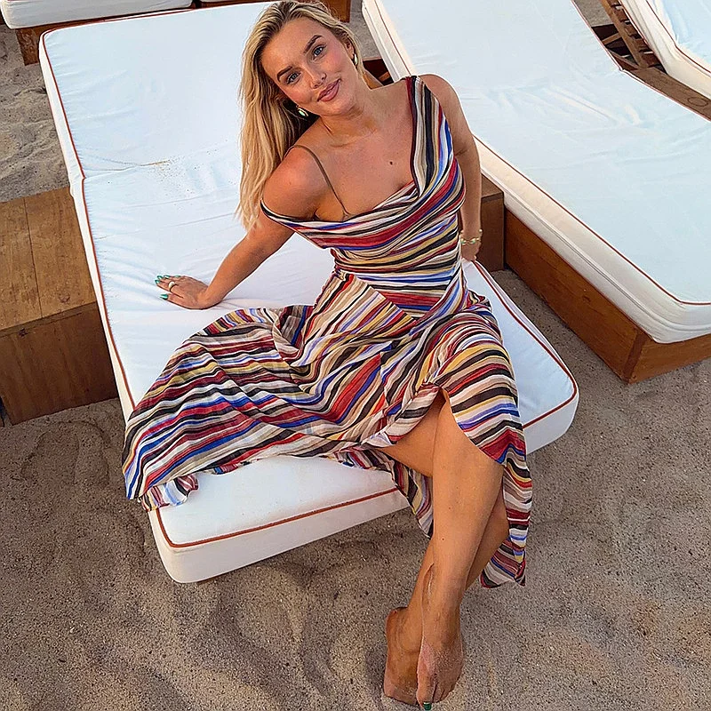 Colorblock Striped Drape Neck Sleeveless Dress Bodycon Waist Irregular Hem Long Dress Jumpsuit Playsuit for Spring Summer