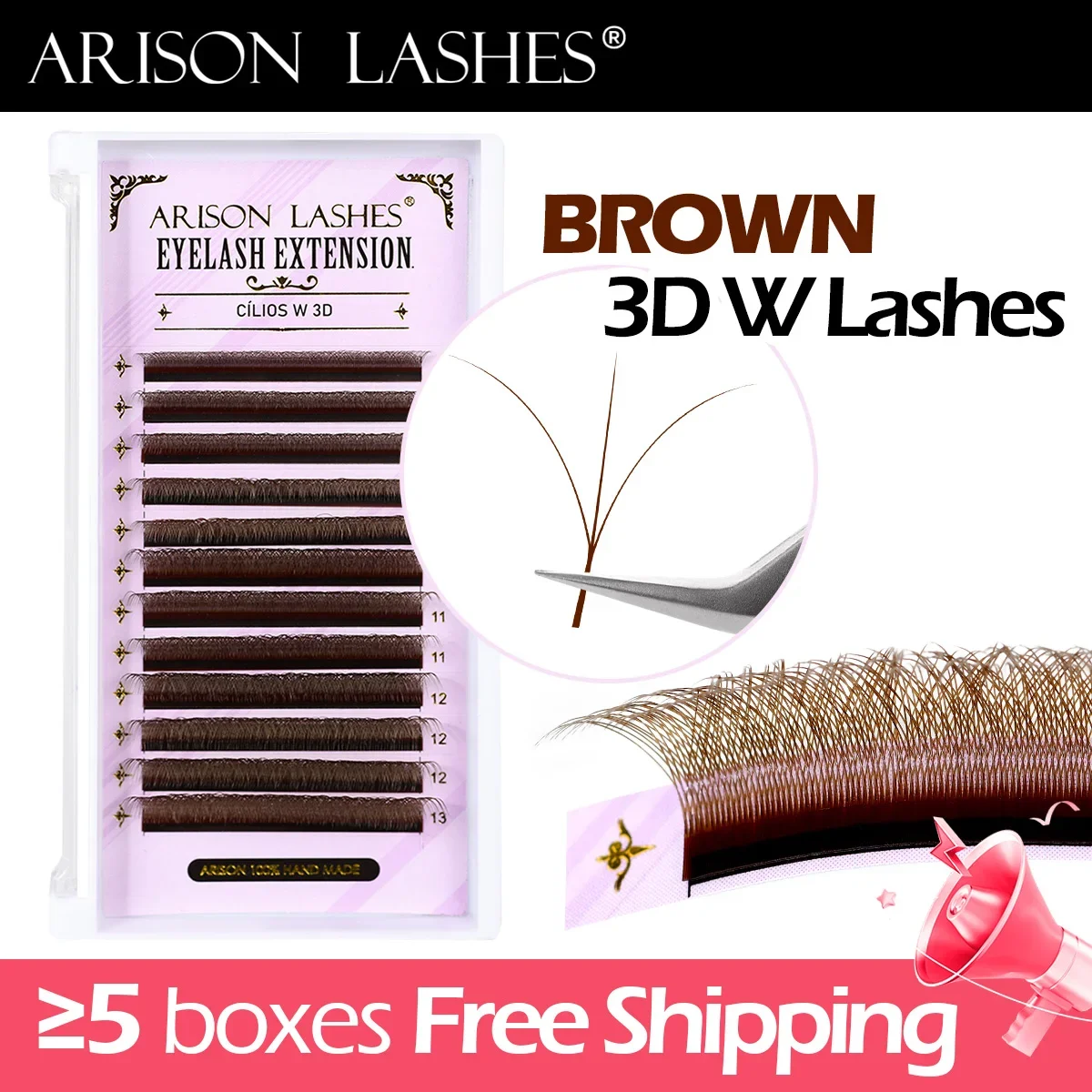 ARISON Braune 3D/4D/5D W-förmige Wimpern 0,07 D 8-13 mm vorgefertigte Volumenfächer-Wimpernverlängerung, natürliche individuelle künstliche Nerzwimpern