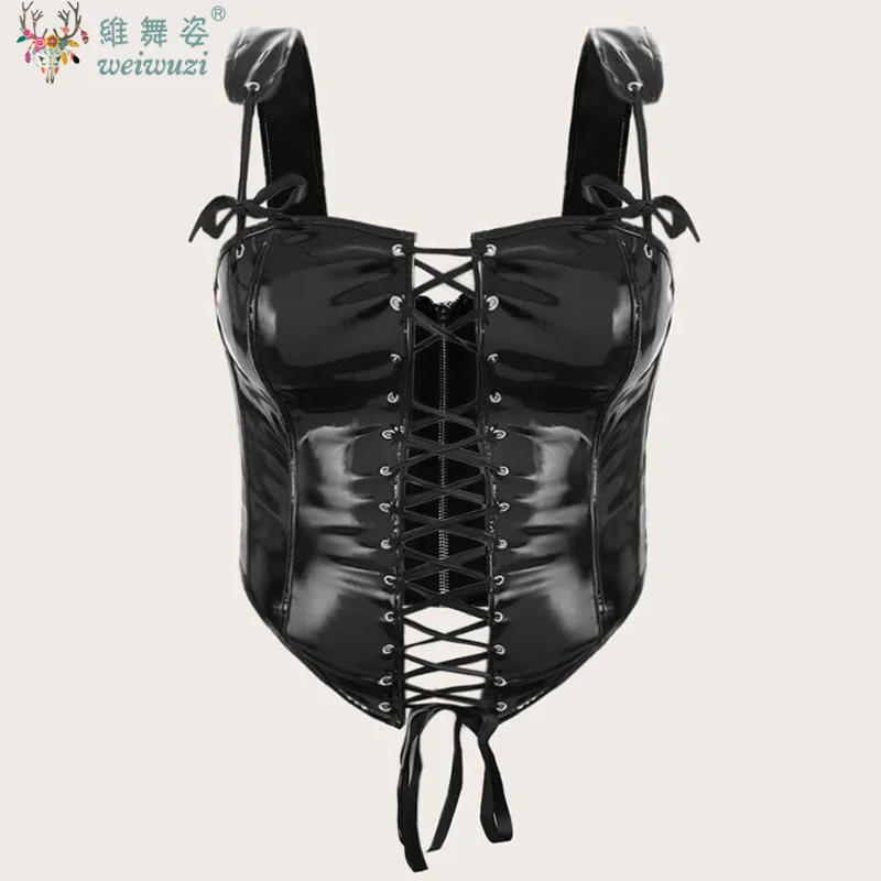 

Women's Shiny PU Leather Lace-Up Overbust Corset Top Gothic Bustier VestFashion Tank Bodice Body Shaper Corselet for Nightclub