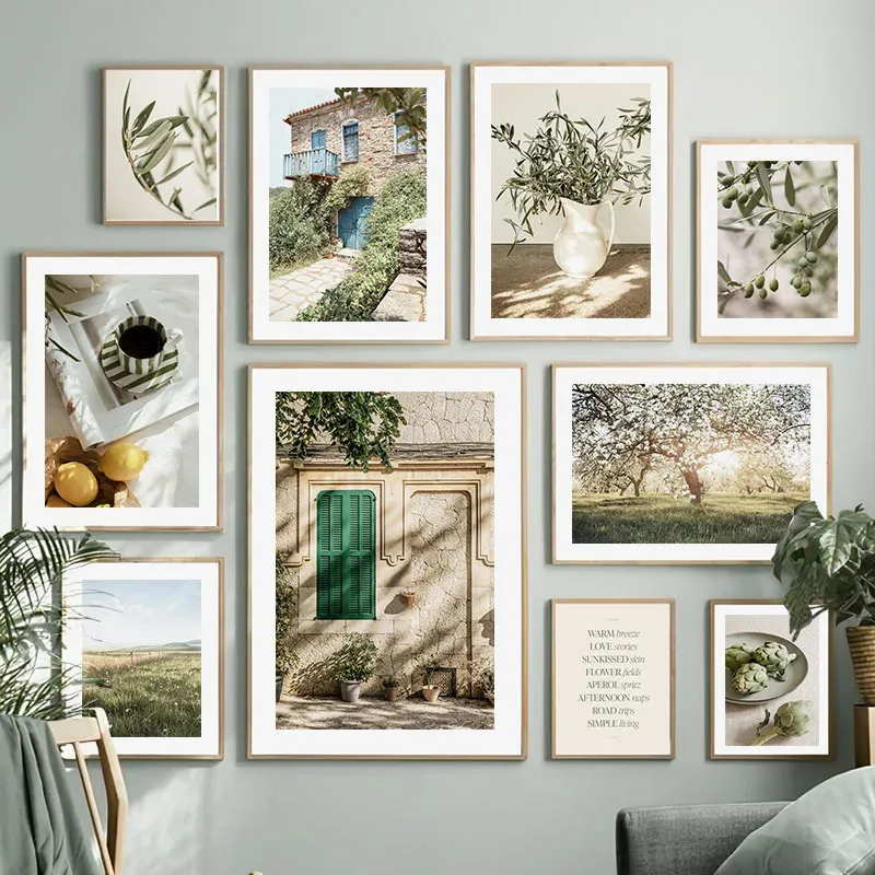 Affiches et impressions sur toile, art mural nordique, décoration de salon, motifs soleil, olivier, branches, feuilles, architecture, café, citron
