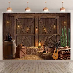 Western Cowboy Polyester Photography Background, Wild West Barn Door Wooden House Party Photo Background Tapestry