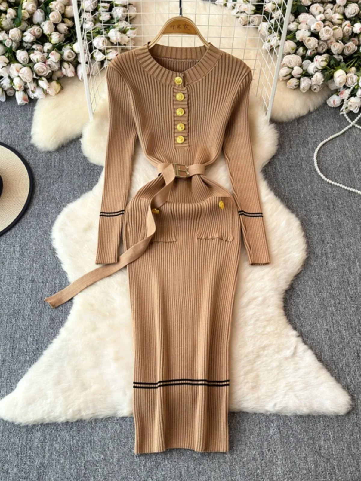 Foamlina outono e inverno tripulação pescoço engrossado vestidos de malha cinto fino hip envoltório inferior camisola vestido para mulher 2025