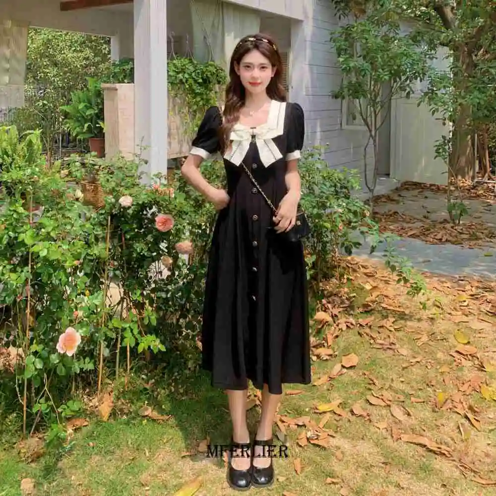 Plus Size 6XL 150KG Summer Dress For Women Short Sleeve Loose Vintage Dresses Ladies Casual Large Bow Neck Black Sweet Dress