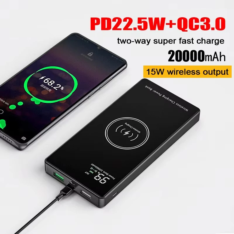 20000mAh Qi Wireless Power Bank 22.5W Fast Charging 15W Wireless Charger Portable Battery For iPhone 15 Samsung Xiaomi Huawei