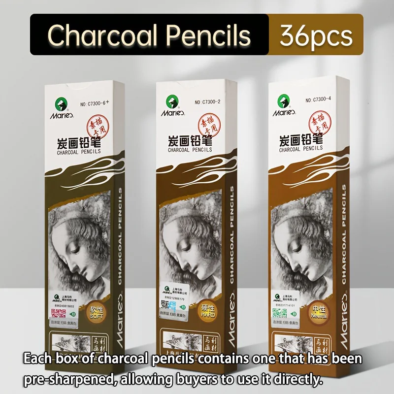 36pcs Marie\'s Sketch Charcoal Pencils Set for Drawing Carbon Pencils Kit for Students,Artists, for Drawing,Sketching,Shading