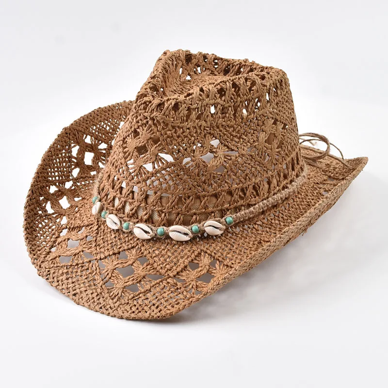 Chapéu de Palha Feminino para o Verão com Decoração de Conchas, Chapéu de Praia com Aba Larga, Chapéu de Sol Chapeu Panama Feminino