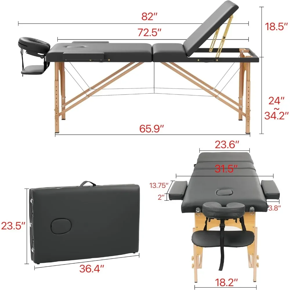 Massage Table Massage Bed, Portable 3 Section Foldable Tattoo Bed, Height Adjustable Lash Spa Bed with Face Cradle