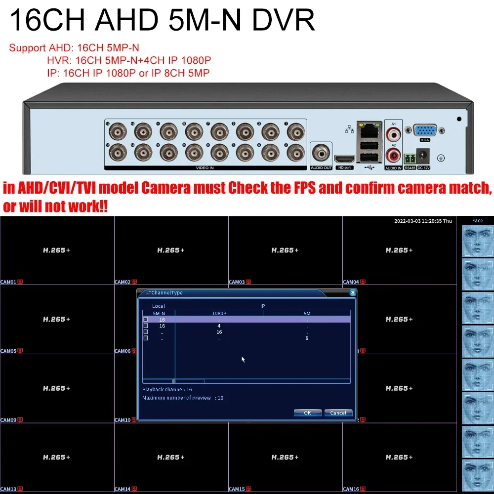 Imagem -03 - Câmeras ip Analógicas Ahd com Detecção de Rosto ai Dvr 16ch Cvbs Tvi Ahd P2p Nuvem H.265 Vga Gravador de Vídeo hd Áudio Rs485 5in 1