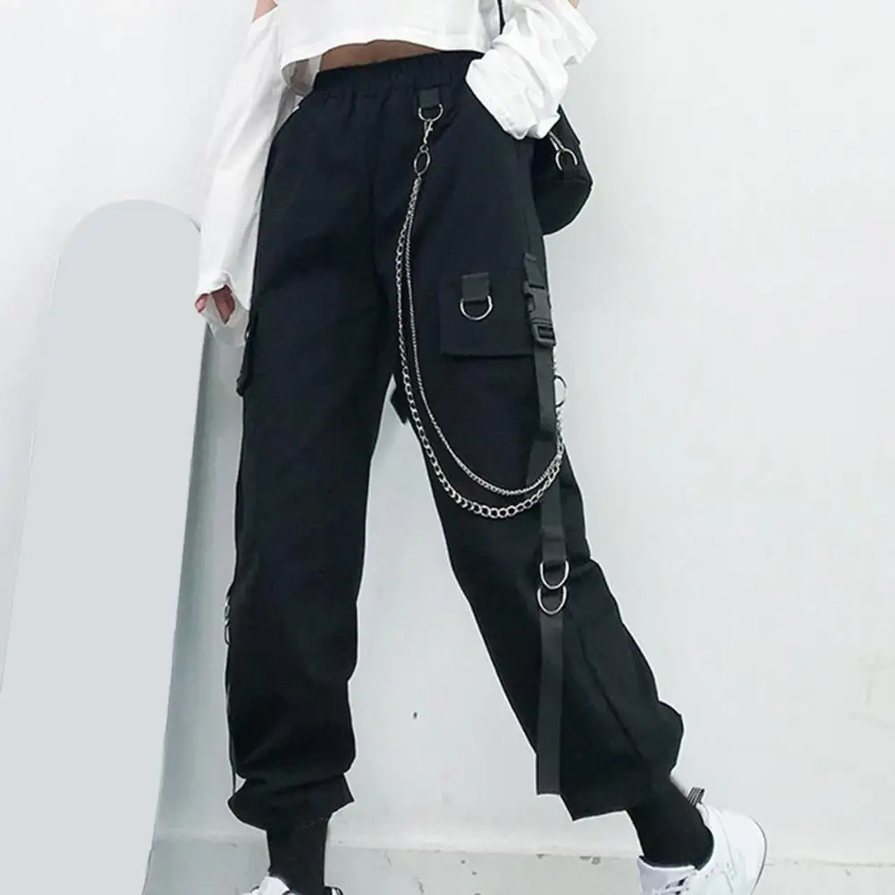 Women Cargo Pants Chain Decor Multi Pockets High Elastic Waist Lady Pants Solid Color Deep Crotch Straight Ankle-banded Trousers