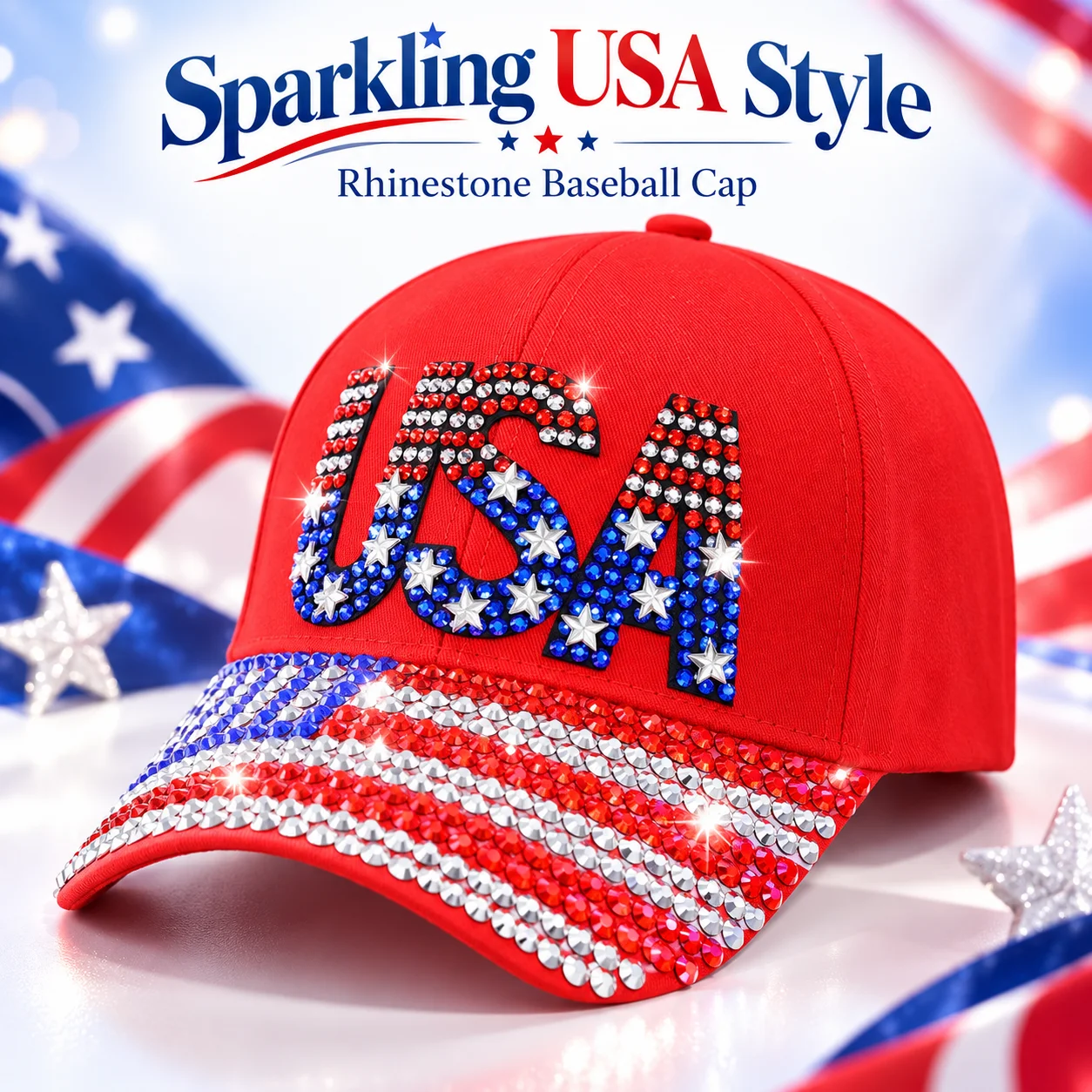 USA Rhinestone Baseball Cap Sparkling American Flag Hat Adjustable Patriotic Cap for 2026 Midterm Election Day