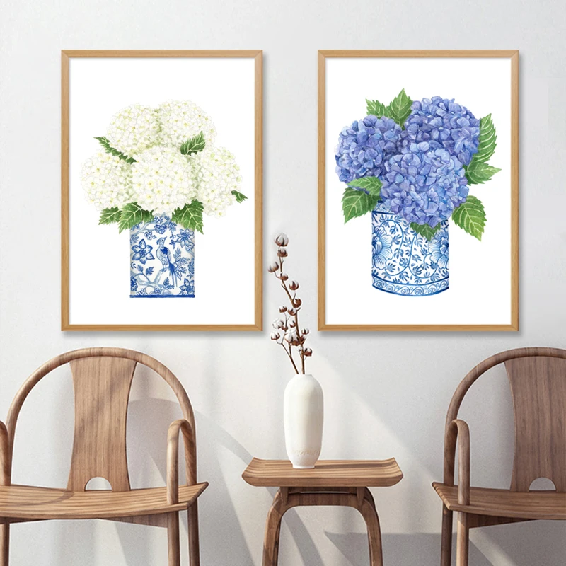 Impresiones de arte de flores de hortensia de jengibre azul y blanco, pintura de lienzo de acuarela de estilo oriental de Sau