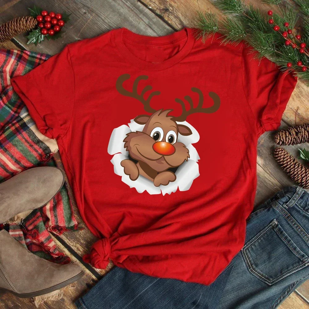 Funny Santa Claus with Christmas Elk Print Women T-shirt Casual Short Sleeve O-Neck Red Tshirt Ladies Y2k T-shirt Female Clothes
