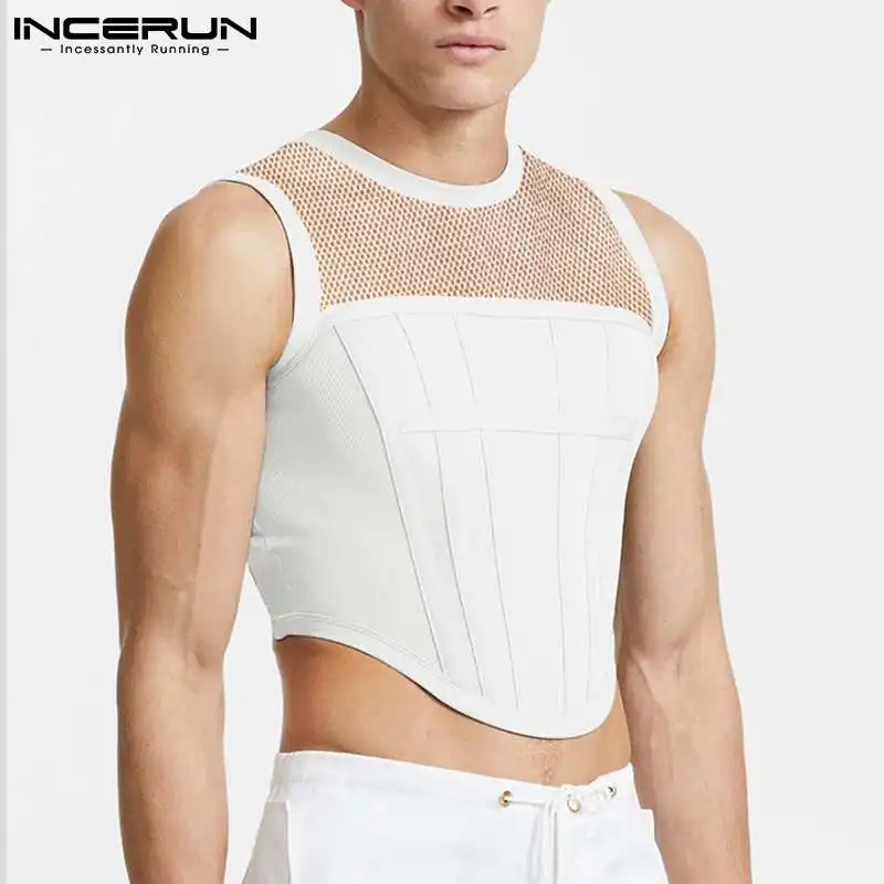 Men Tank Tops Mesh Patchwork O-neck Sleeveless Streetwear Transparent Vests 2024 Party Nightclub Sexy Crop Tops S-5XL INCERUN