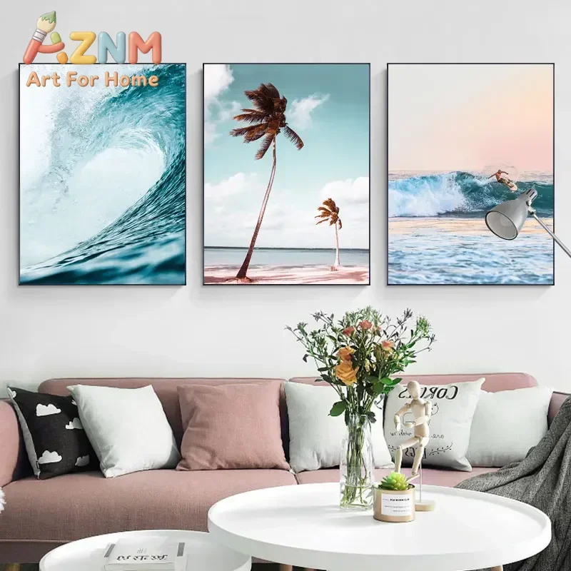 Seasacape Sunset Canvas Painting Coastal Wall Art Surfing Print Ocean Waves Poster Nature Scenery Wall Pictures for Living Room