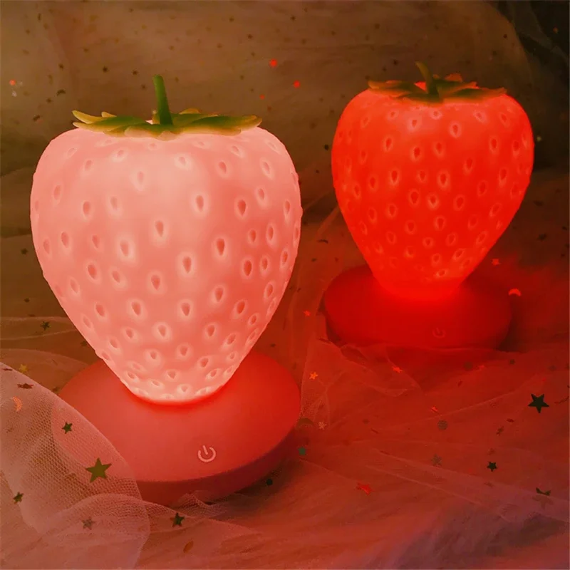 Touch Switch Led Night Lights Silicone Strawberry Night Light USB Charging Bedroom Deco Bedside Lamp for Baby Children Kids Gift