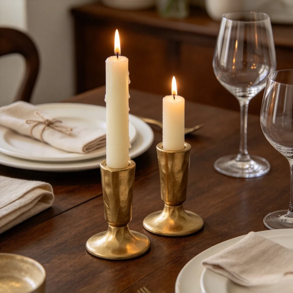 Vintage Textured Small Taper Candlestick Holders 2Pcs Metal Candle Stand for Dining Table Fireplace Mantel Decoration