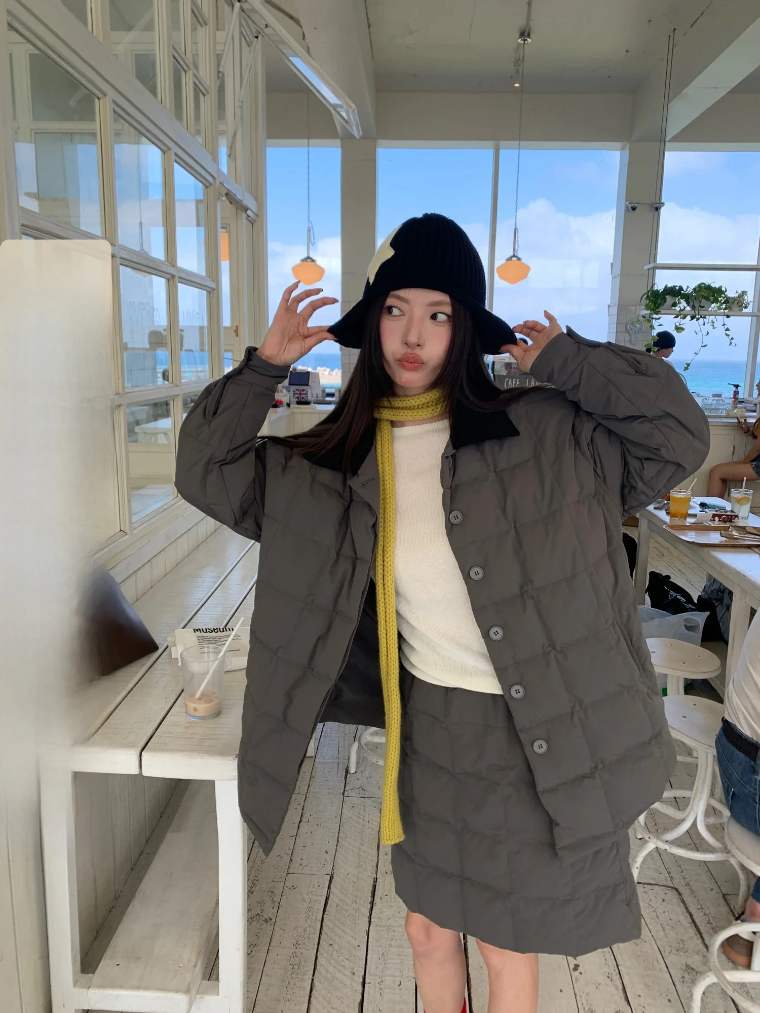 

Women's 90 Du down Cotton Jaet Skirt Set Winter Warm Sli Commute Sle Straight Cut Long Sve Collar Pure Color