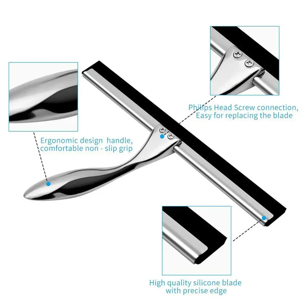 Shower Squeegee Stainless Steel Window Squeegee Shower Cleaner with Self Adhesive Hook and Replaceable Wiper Blades 26cm / 31 cm