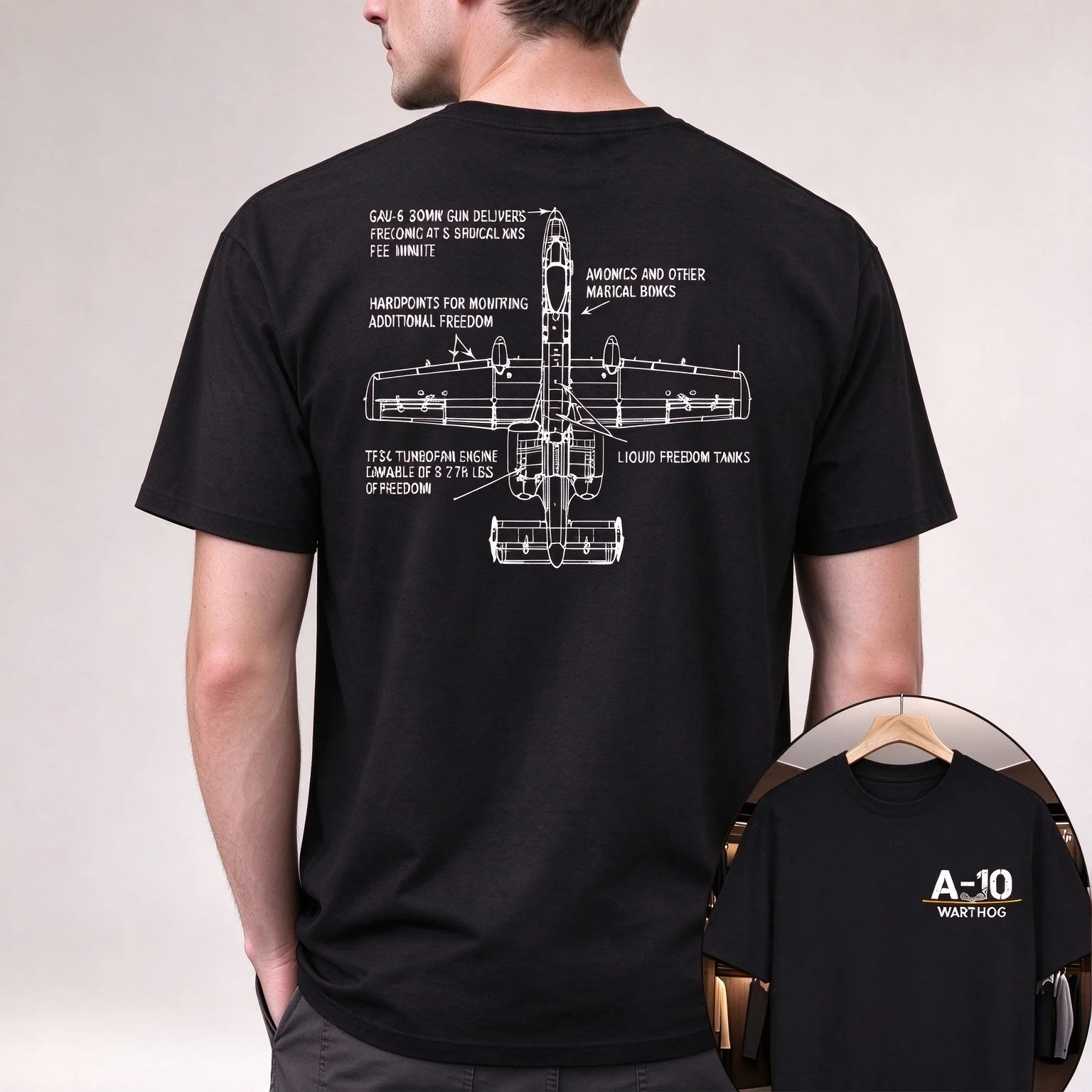 A-10 Warthog T-Shirt Men Modal Short Sleeve Military Aircraft Blueprint Graphic Casual Veteran Aviation Tee Vintage Retro