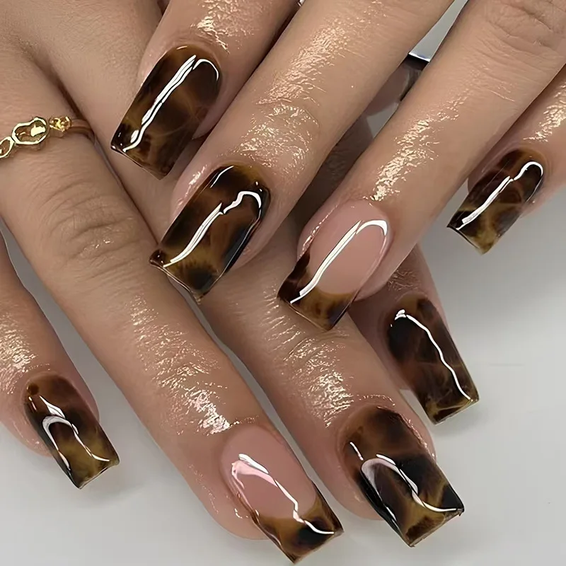 

24Pcs Mid-length Square Head Fake Nails Press on Brown Smudge French False Nails Art Detachable Artificial Full Cover Nails Tips