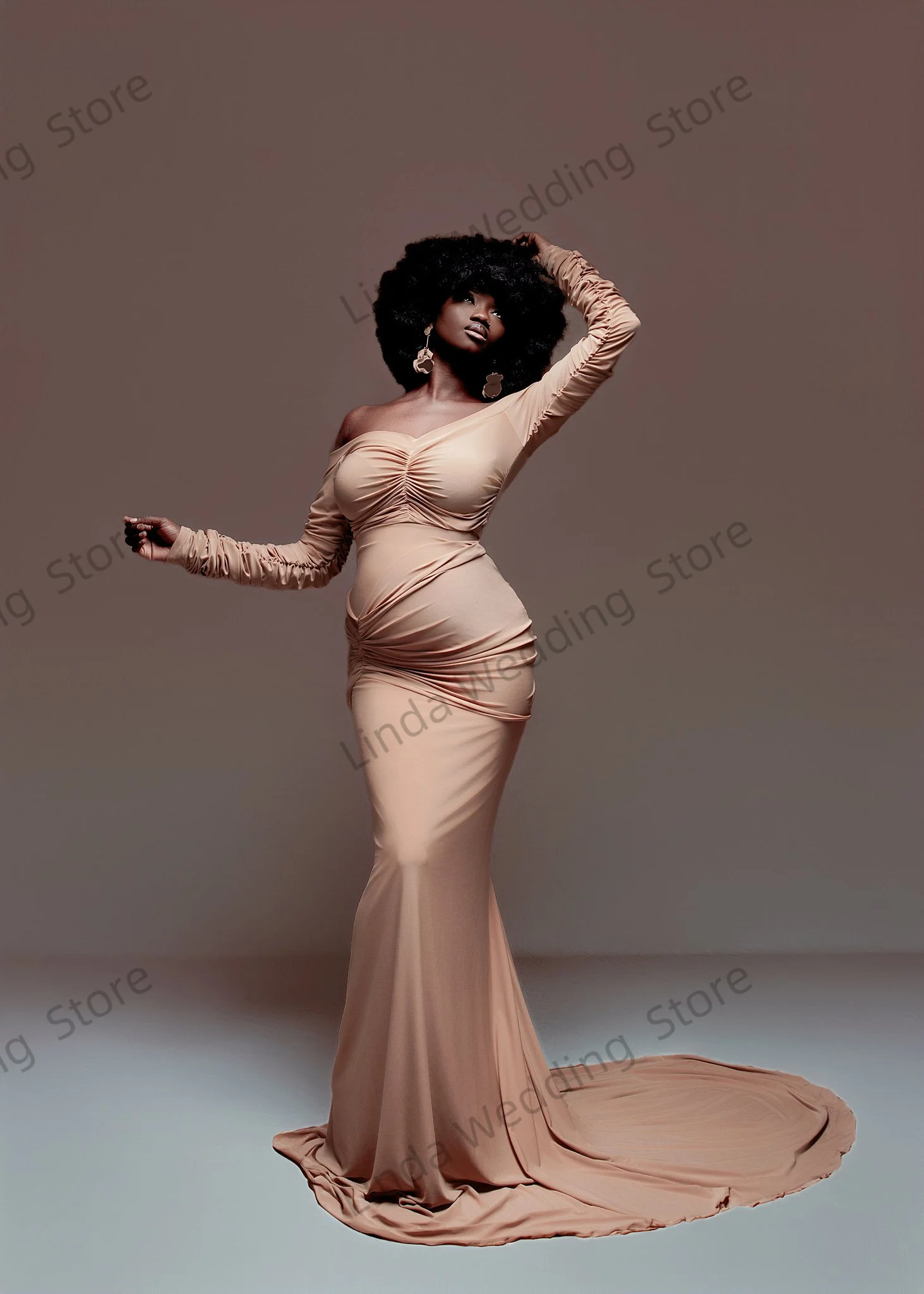 Linda Morden Mermaid Maternity Dress Off The Shoulder Pregnant Prom Gowns for Photoshoot Customized  Sweep Train Babyshower Robe