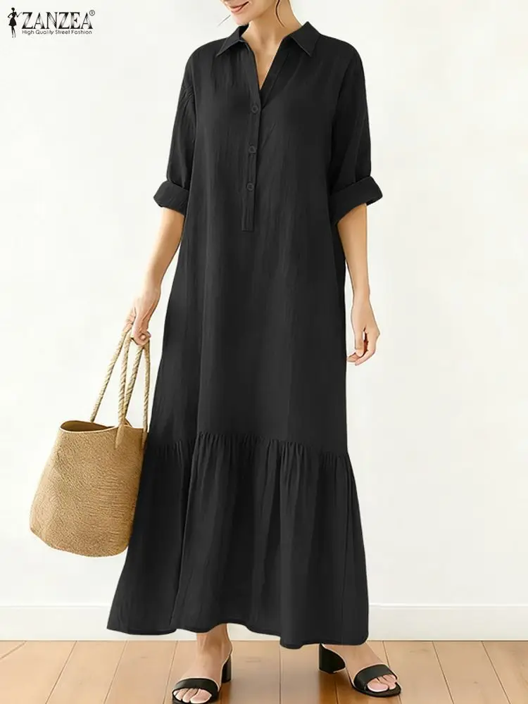 ZANZEA 2025 Autumn Casual Lapel Neck Long Sleeve Dresses Women Fashion Shirt Dress Solid Buttons Midi Robe Elegant Work Sundress