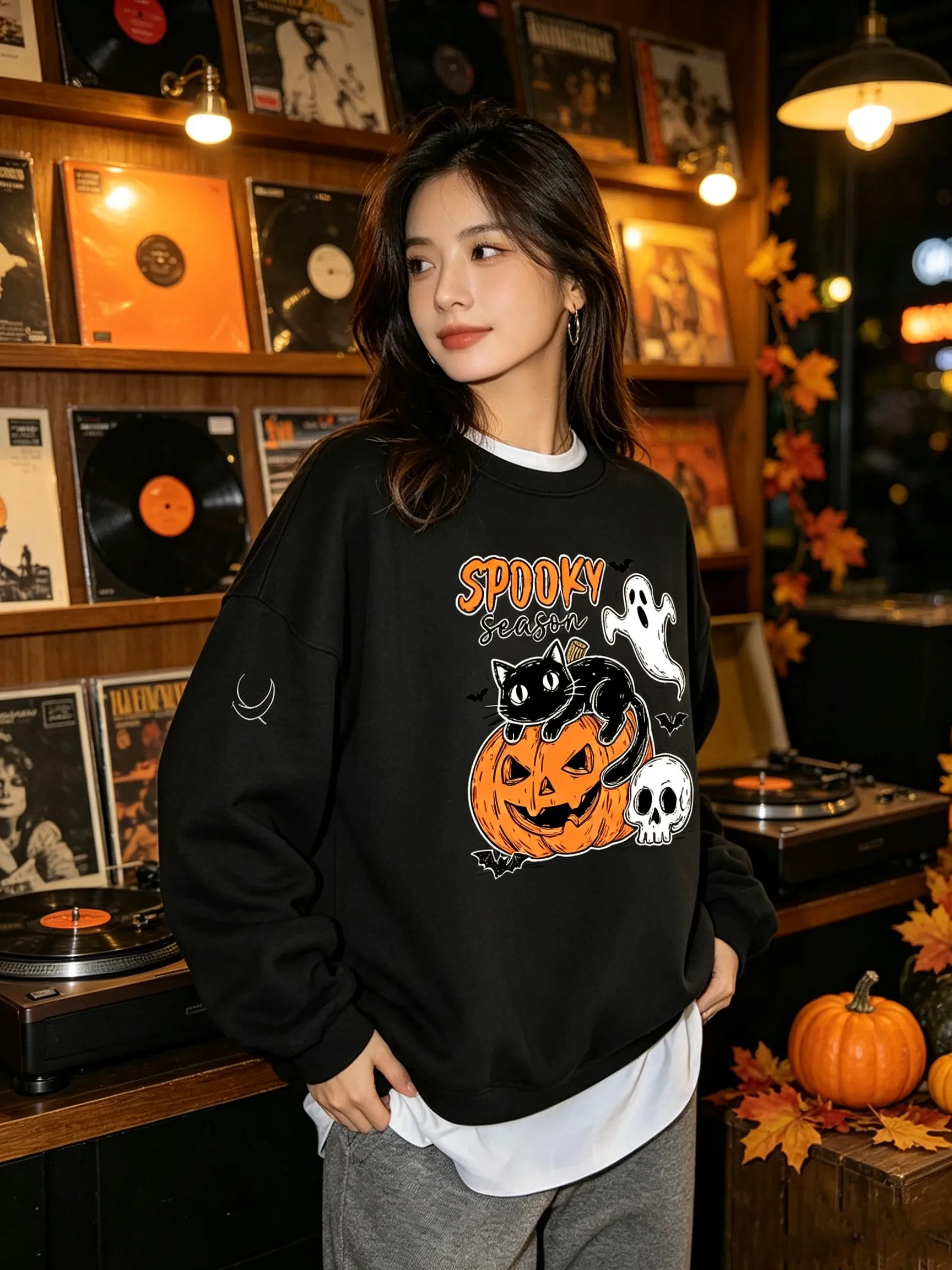 Halloween Cat & Pumpkin Printed All-Match Top Female Warm Fashion Sweatshirts Basic Comfortable Pullovers Trendy Soft Streetwear