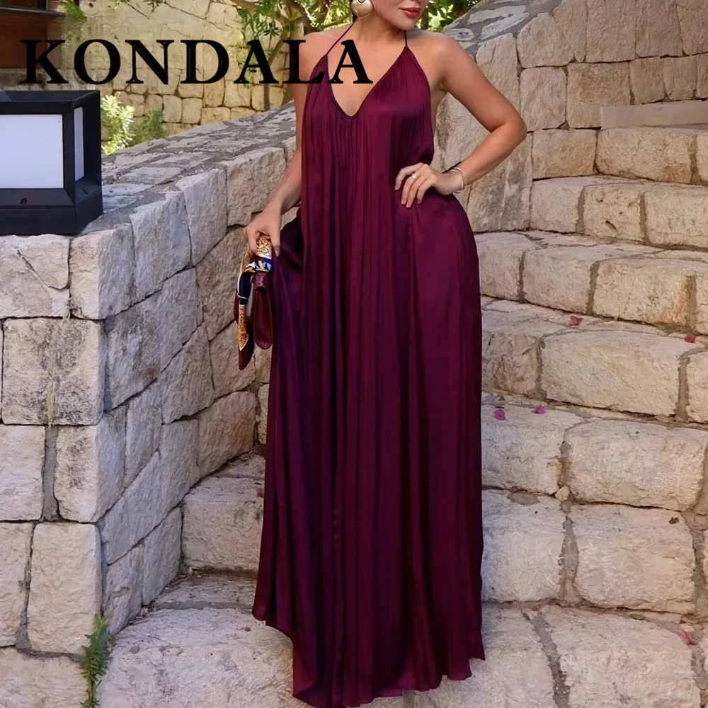 KONDALA Chic Elegante Winered 2025 Estate Donna Sexy Abito Collo-montato Abito Senza Schienale Moda Cami Lungo Night Party Club Vestido