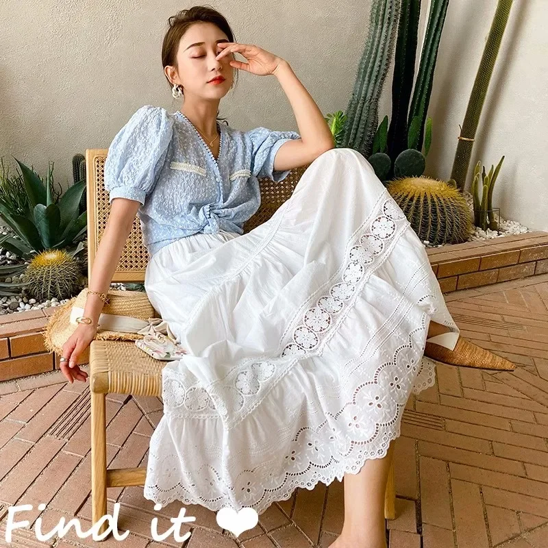 Korean Style Embroidered Lace  A-line Boho Long Cotton Skirts Waist Strings Temperament White Summer Skirts